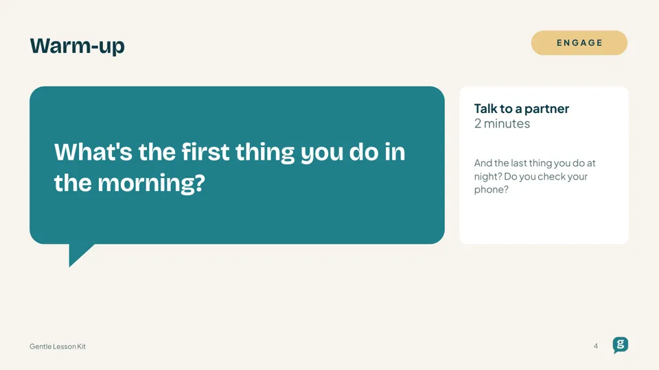 Slide de warm-up com pergunta pessoal para iniciar a conversa