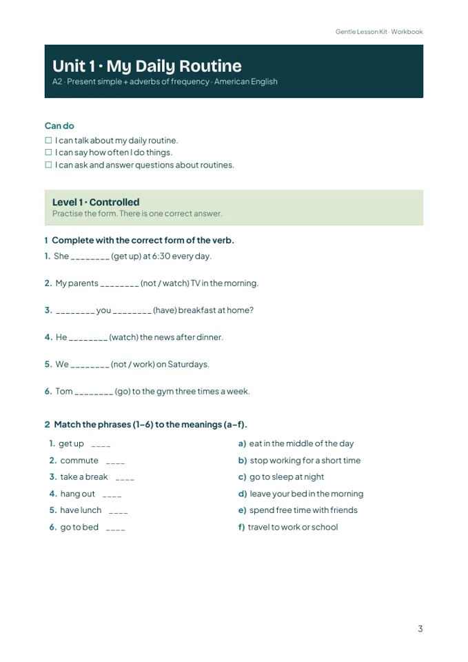 Página do workbook: Unit 1, My Daily Routine, exercícios do nível controlado